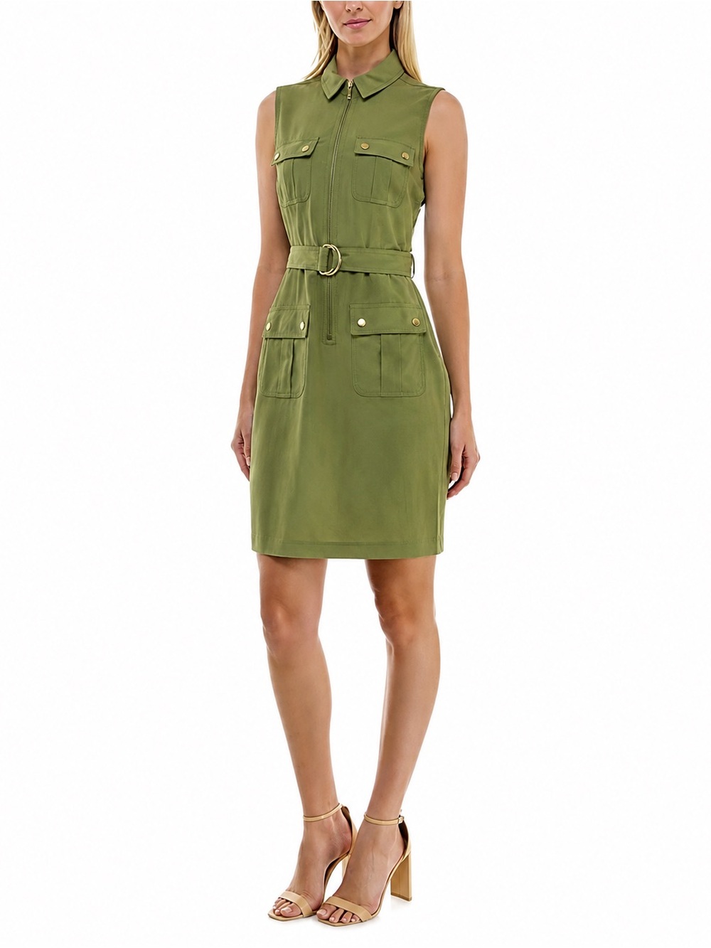 Sharagano Sleeveless Utility Shirt Dress Olive Green 4